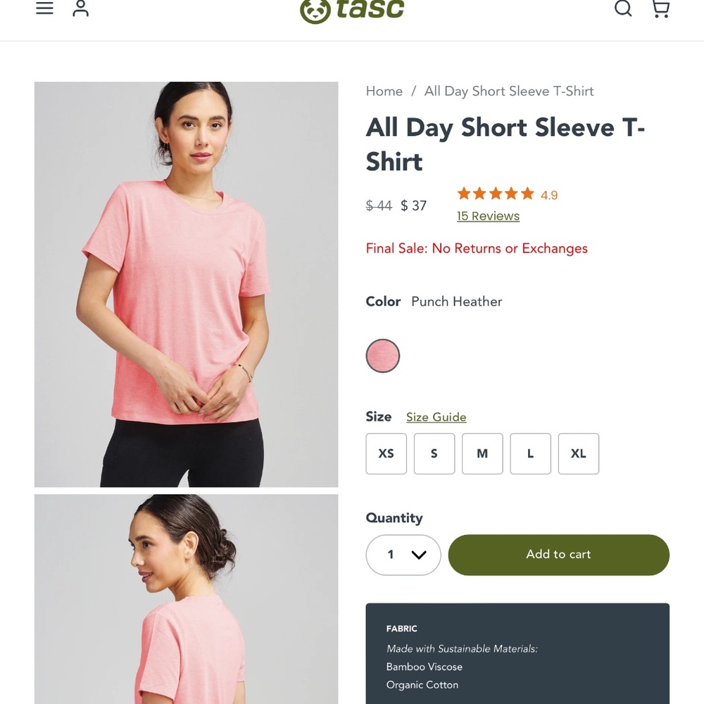 Tasc short sleeve tee in peach size large